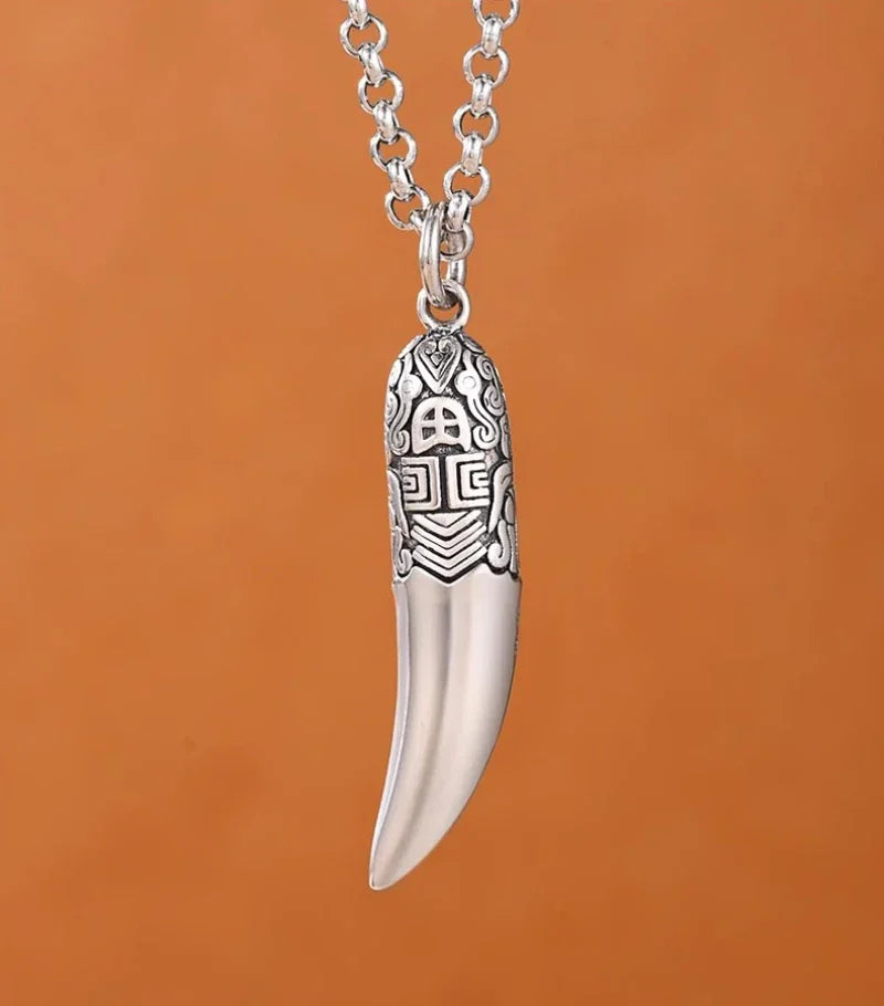 Creative 925 Silver Ethnic Style glossy Necklace Keel chains Banquet faceted wolf tooth Pendant for Men's Retro Jewelry