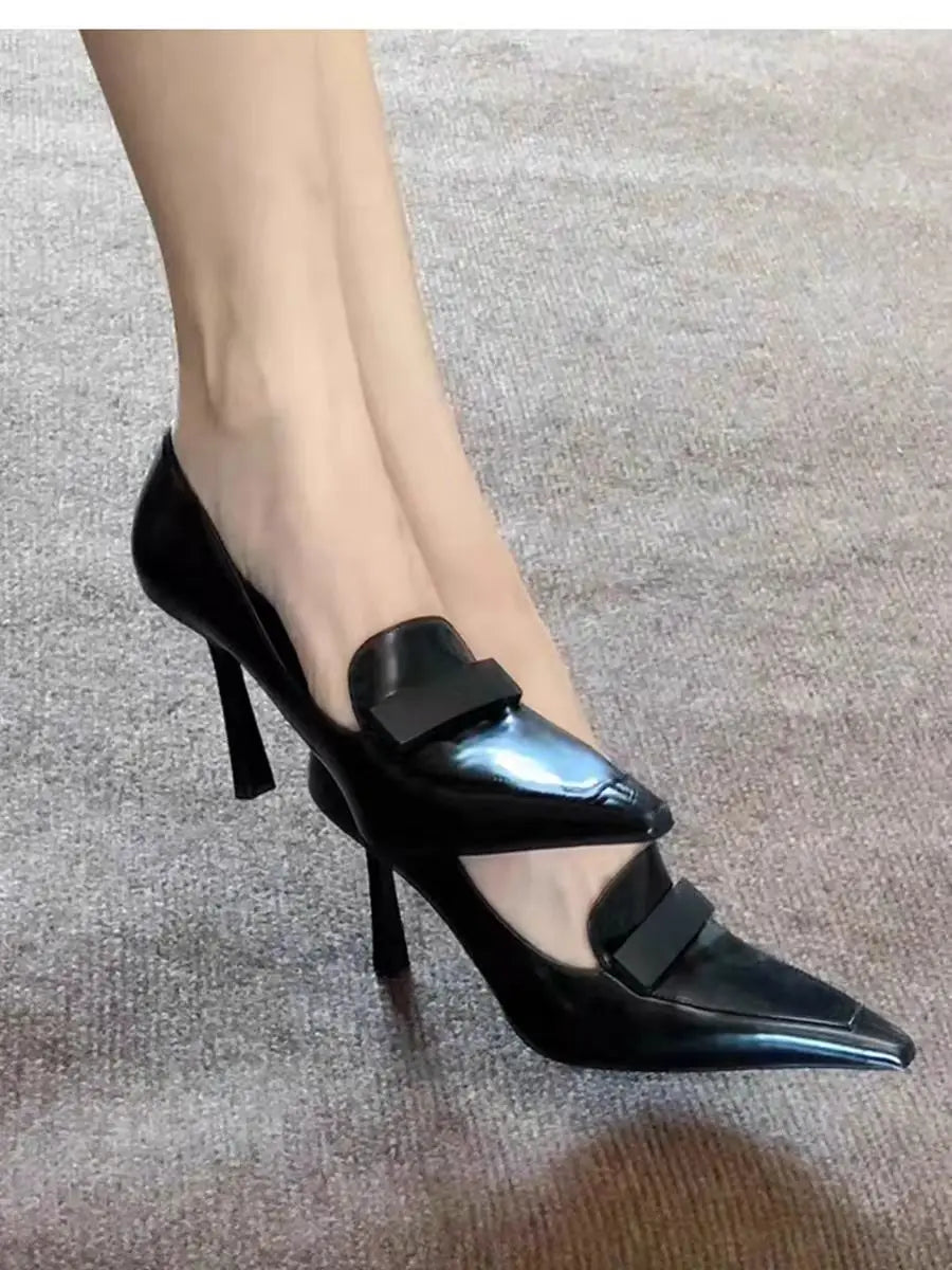 2025 Early Spring New High Heels for Women's Sexy Leather Small Square Buckle Pointed Toe Shallow Mouth Elegant Slim Heels Shoes