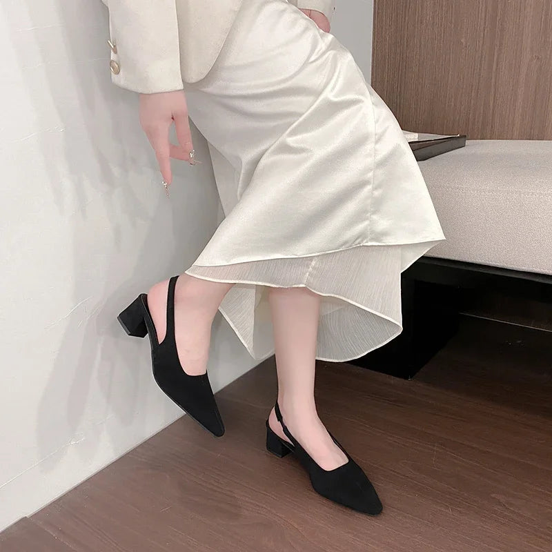 Women's summer sandals, fashionable suede design, sexy pointed-toe women's formal shoes, comfortable square-heeled women's shoes