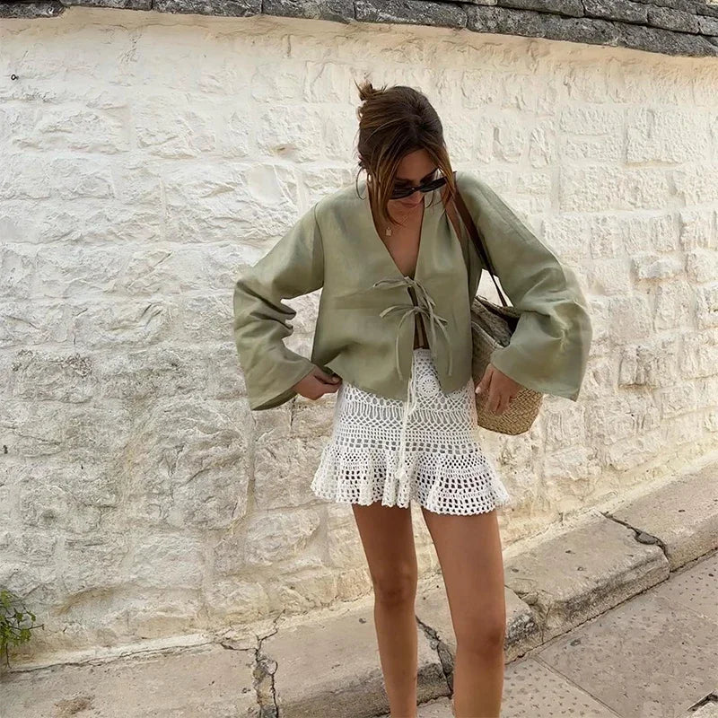 Casual Solid Lace Up Women Blouse Deep V-neck Long Sleeve Loose Female Shirt 2025 Spring Summer New Fashion Sweet Ladies Blouses