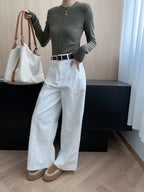 Women's casual stitching slim fit shoulder slimming base long sleeved T-shirt