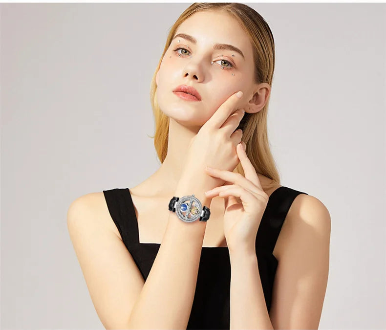 Women Automatic Mechanical Watch Top Brand Luxury Leather Waterproof Watches Ladies Skeleton Tourbillon Clock reloj mujer New