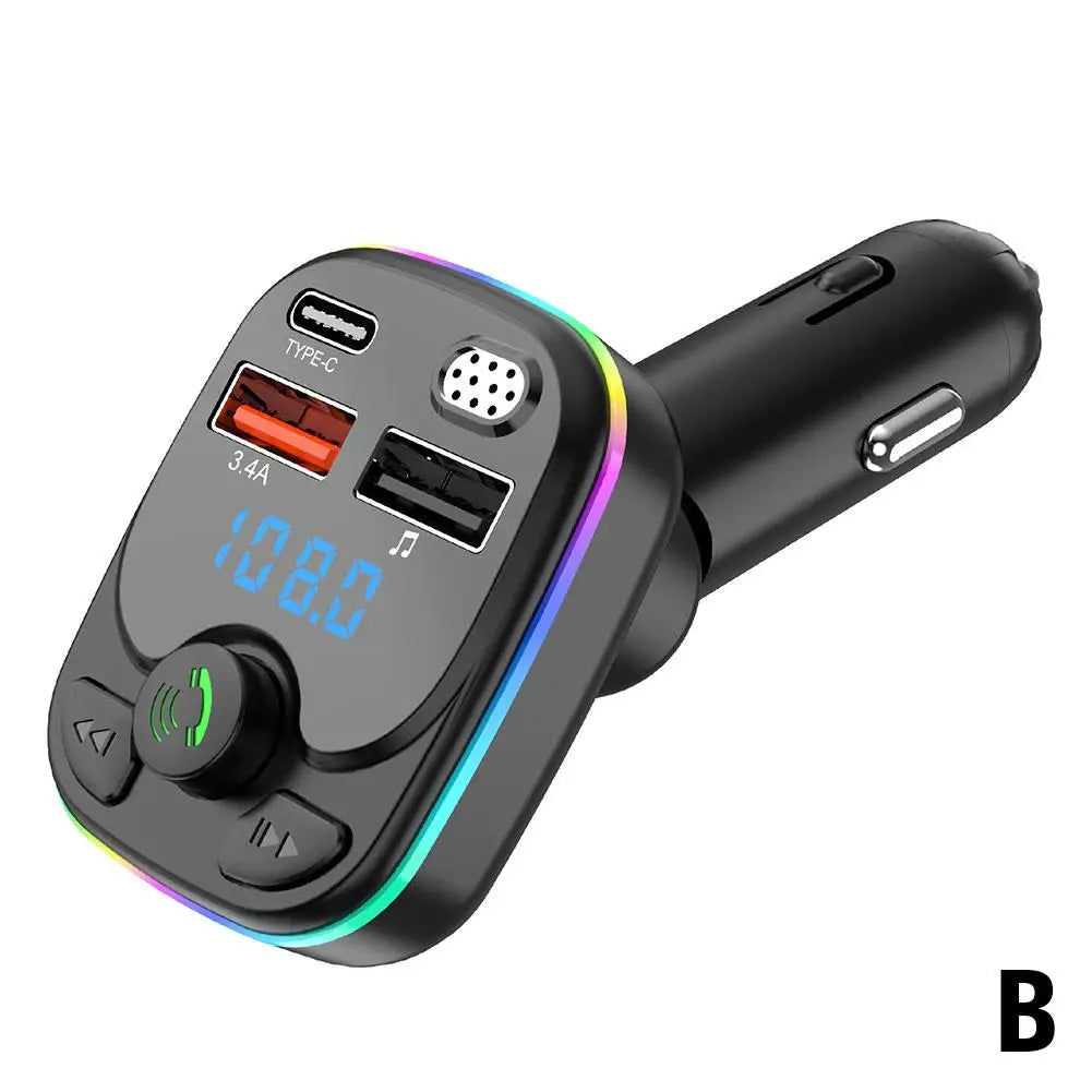Handsfree Car Bluetooth 5.0 FM Transmitter PD Type-C Dual USB 3.4A Colorful Ambient Light MP3 Modulator Player 2023