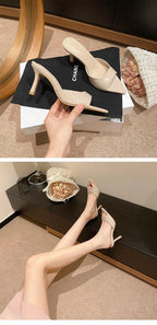 Women's High Heel Slippers Thin Heels Pointed Toe Solid Slippers Women Dress Banquet Summer Mature Concise Zapatillas De Mujer