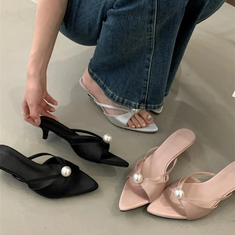 High Heels Slippers Women Bead Pointed Toe Sandals Shoes Summer 2025 Trend Sexy Open Toe Woman Brand Designer Sandalias Pumps