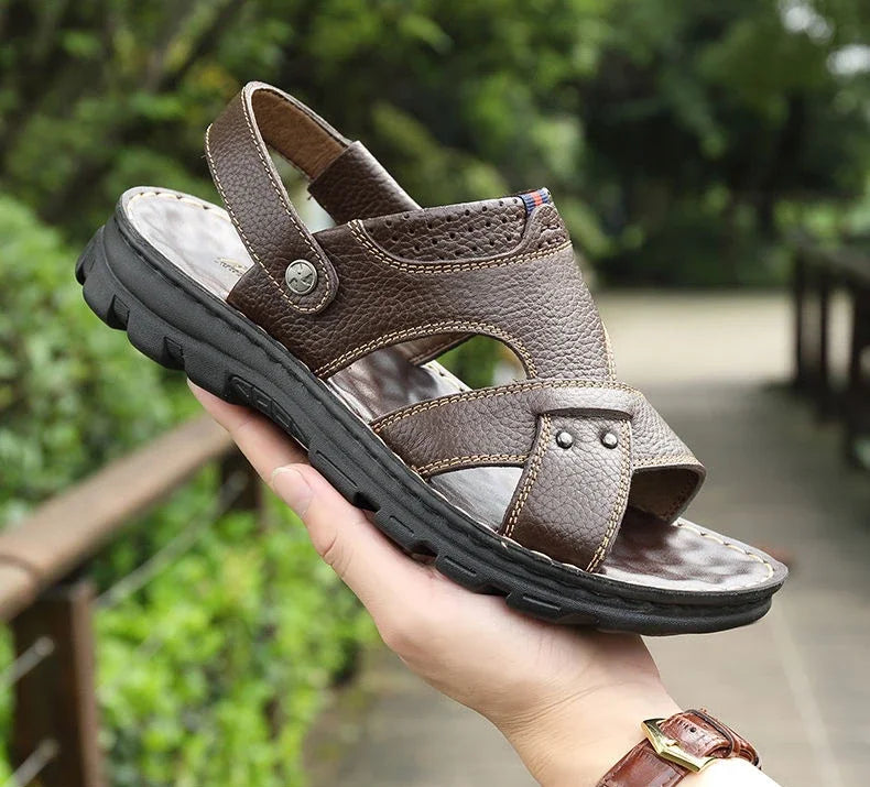 Men's Leather Summer Sandals 2025 Non-slip Thick-soled Comfort Soft Outdoor Beach Slippers