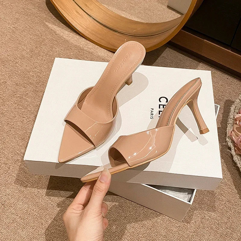 Women's High Heel Slippers Thin Heels Pointed Toe Solid Slippers Women Dress Banquet Summer Mature Concise Zapatillas De Mujer