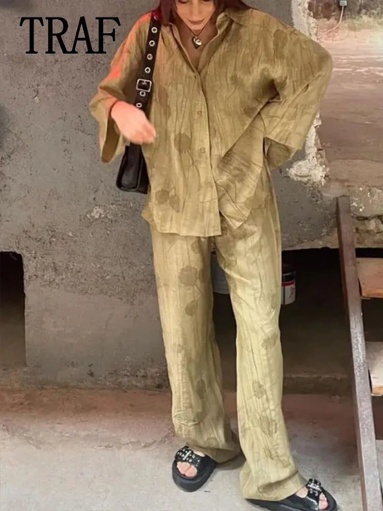 Women Print Long Pants Sets For Women Lapel Half Sleeve Single Breasted Shirts + High Waist Lace-Up Wide Leg Pants