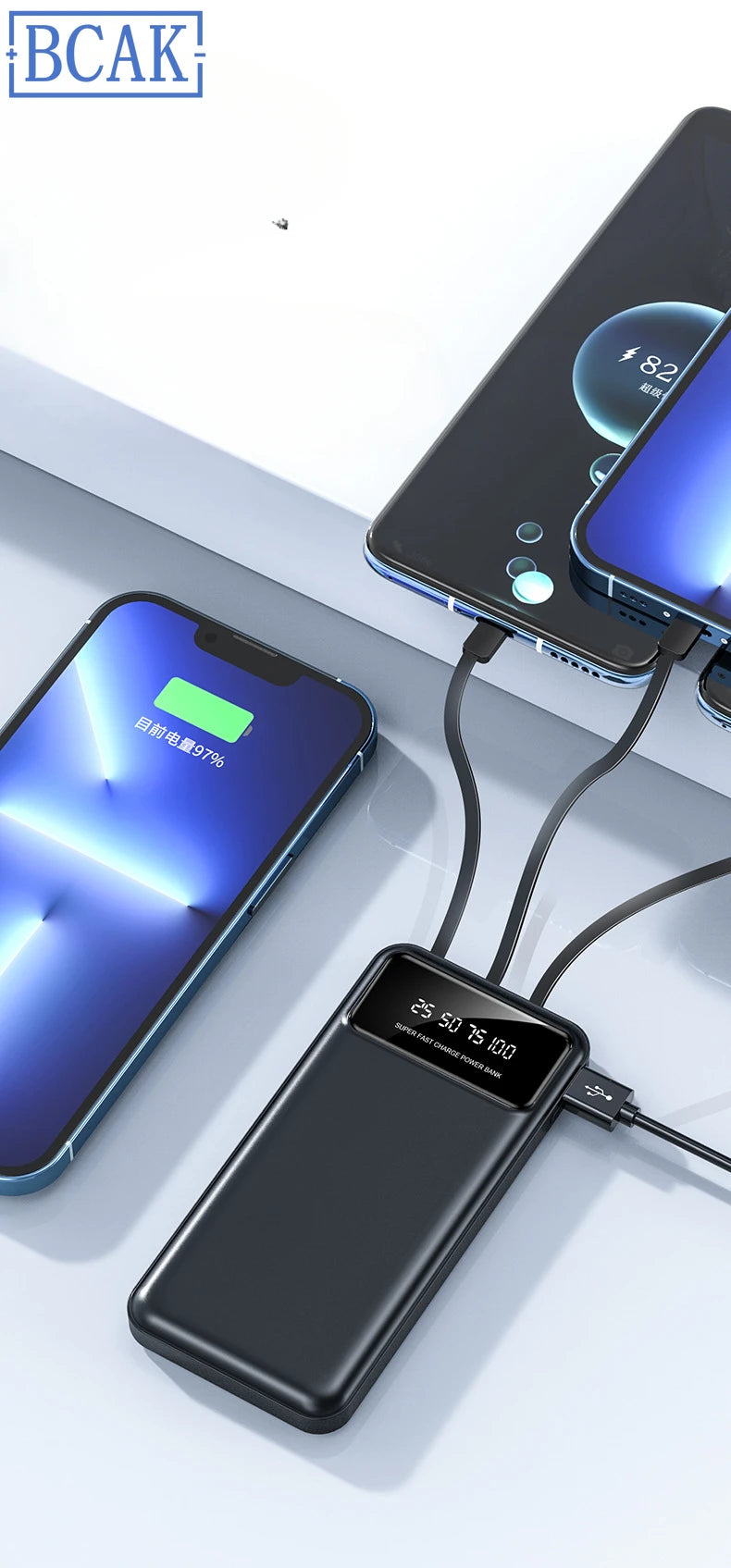 New Style BCAK power bank 20000mAh self-contained cable fast charging mini mobile phone gift mobile power supply