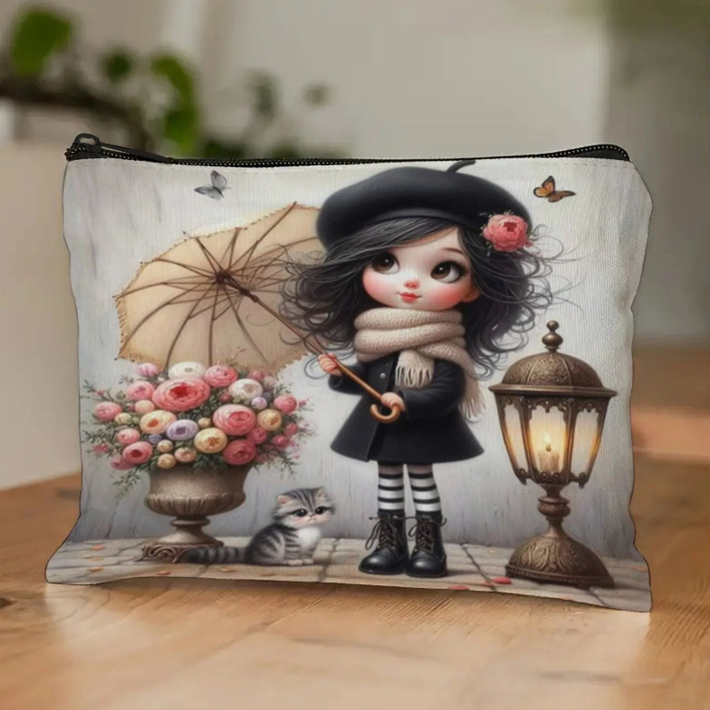 Cute girl holding an umbrella Cosmetic Bag Cosmetic Pouch Cosmetic Brush Aesthetic Accessory Storage Bag Travel Makeup Bag