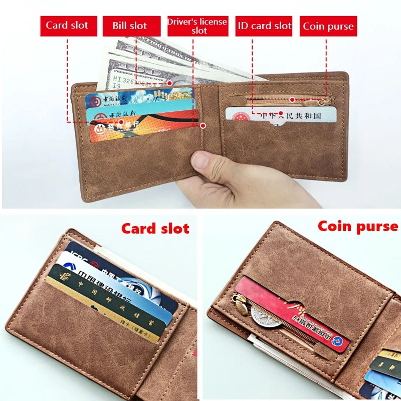 New Business Men Wallets Small Money Purses Wallets New Design Dollar Price Top Men Thin Wallet with Coin Bag Zipper Wallet