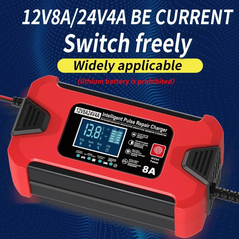 Battery Charger 12V 8A  24V 4A Smart Fast Charging for Car Batteries 8-Stage Charge Pulse Repair for AGM GEL WET Lead Acid