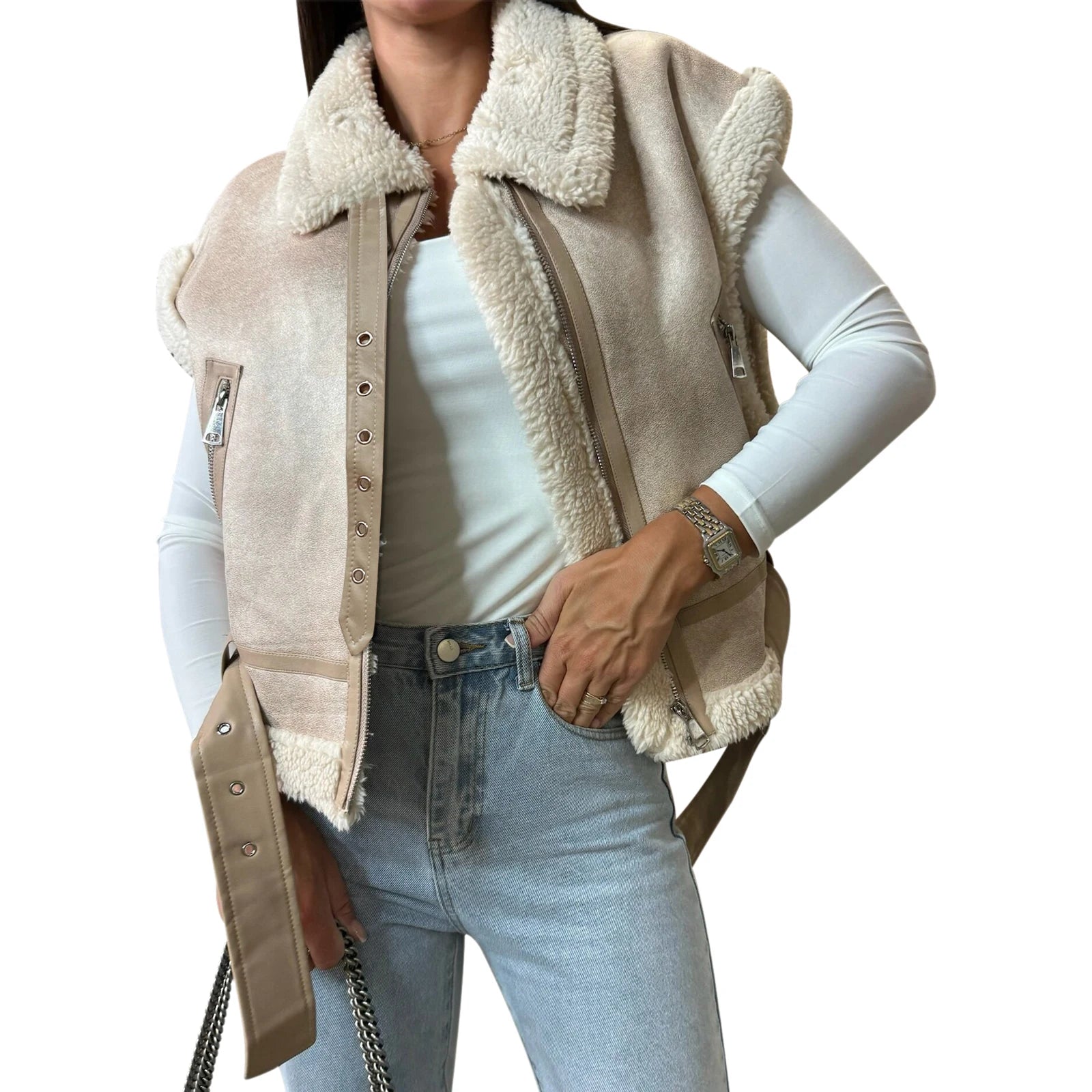 Women Winter Faux Suede Vest Sleeveless Zipper Up Fleece Sherpa Lined Jacket Fashion Solid Color Casual Outerwear Coat!