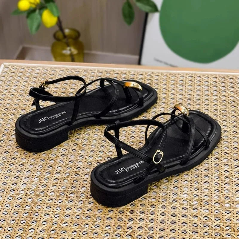 Heeled Sandals Shoes Women's Black Beach New Summer 2024 Girls Low Comfort Sports Casual Solid