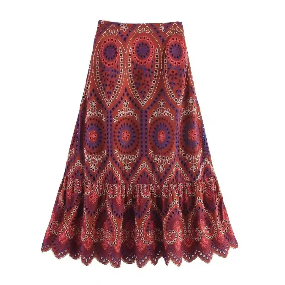 Women Embroidery Hollow Out Suit 2025 Summer Casual Chic O-Neck Fashion Sleeveless Top Long Skirt Fashion Suit