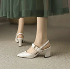 Sandals for Woman Summer 2024 High Heels One Word Women's Shoes Leather Pointed Toe Buckles Thick Heel Medium Footwear Comfort F