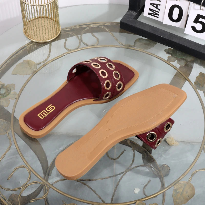 Women's slippers 2025 new summer wear casual hollow fashion Joker slippers square sandals light flat bottomed drag