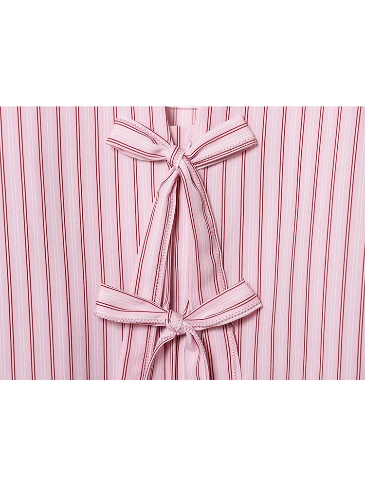 Women Striped Printed Lace-Up Shirt With Bow New Puff Long Sleeves V-Neck Hollow Out Blouses Sweet Ladies Fashion Tops