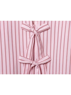 Women Striped Printed Lace-Up Shirt With Bow New Puff Long Sleeves V-Neck Hollow Out Blouses Sweet Ladies Fashion Tops