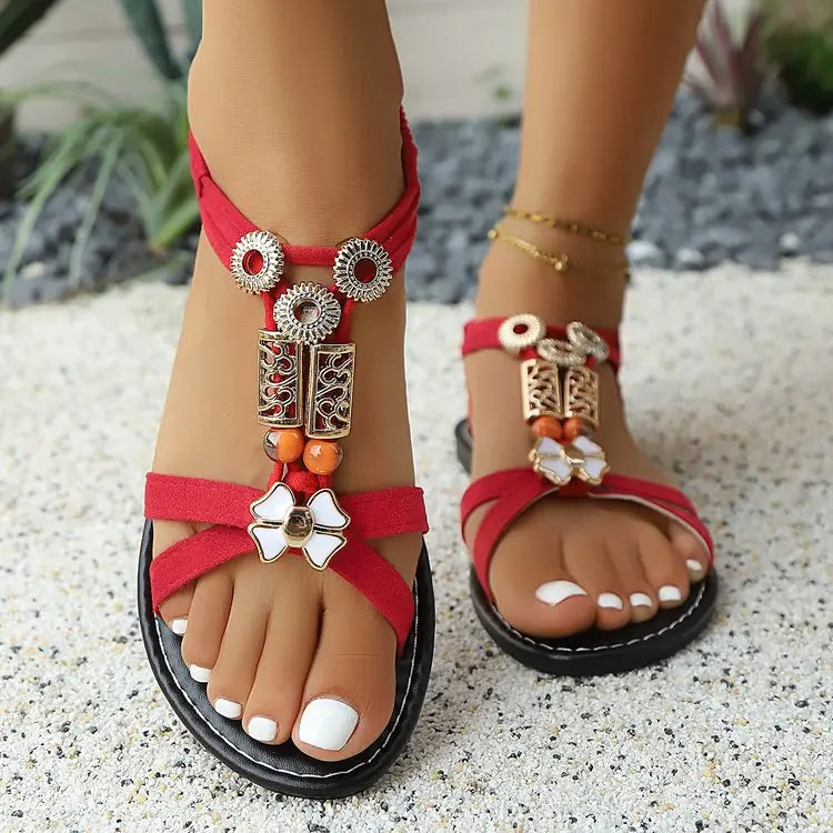 Flats Sandals for Women Summer 2025 Comfortable Non Slip Beach Shoes Woman Metal Beading Roman Sandalias Mujer