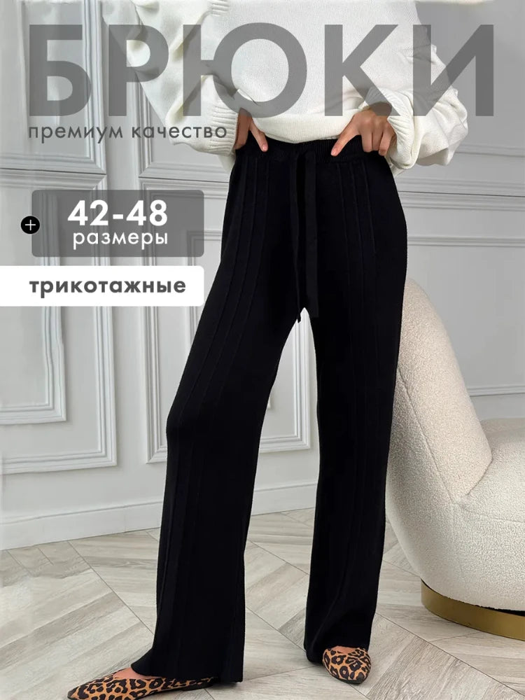 Black Knitted Pants Fashion Comfort Thick Warm Cashmere Women's Pants 2025 Autumn and Winter New Wide Leg Pants for Women