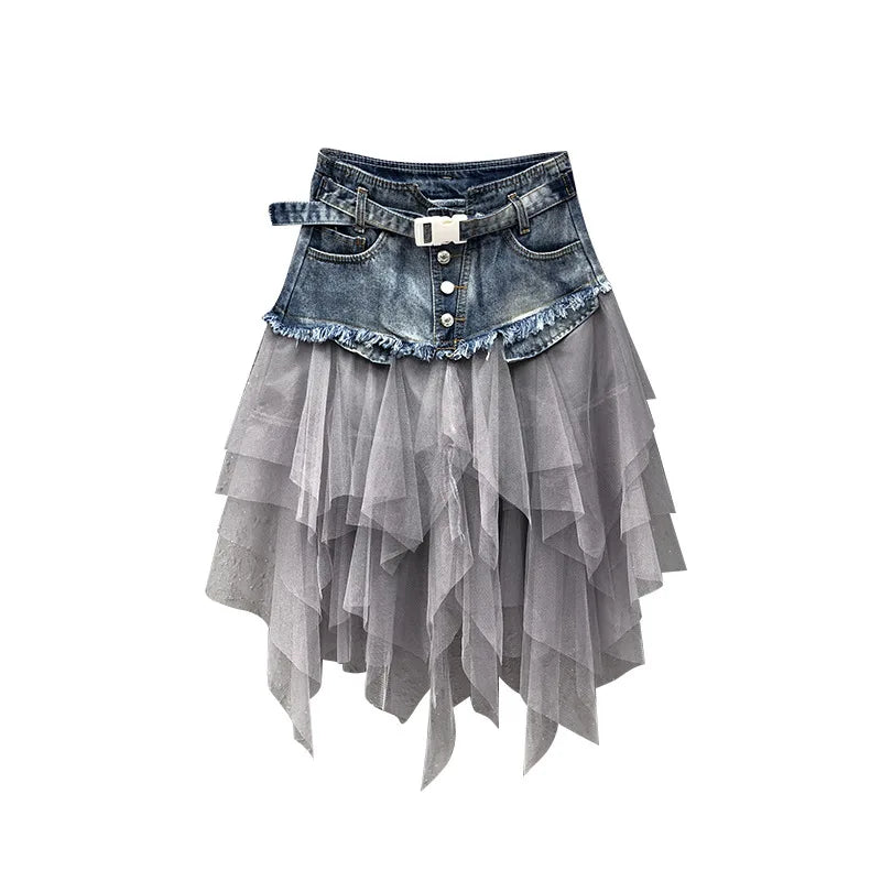 Women's Tulle Stitched High-waisted and Slim-fitting Retro Denim Skirt for Women Spring, Summer and Autumn