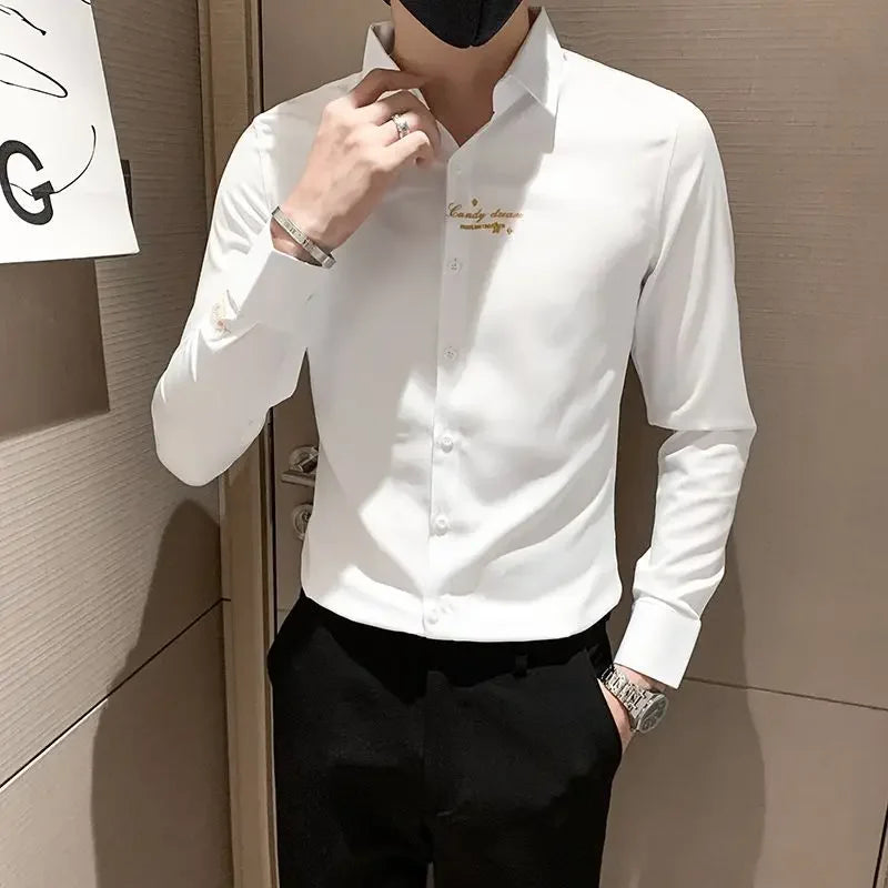Shirts For Men Long Sleeve Embroidery White Man Shirt Social Cheap Things With Vintage Sleeves Slim Fit Sale Fashion 2025