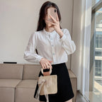 Woman's Embroidery Cotton Long-Sleeved Shirt New Stand Collar Stitching Ruffled Shirts Female Temperament Age-Reducing Thin Top