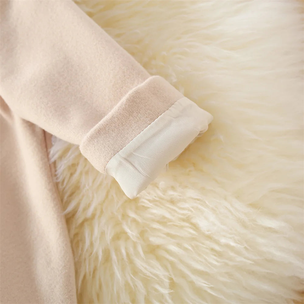 Winter New Girl'S Coat Long Warm Solid Color Fold Lapel Simple Fashion Girl Shawl Long Sleeve Loose Woolen Long Coat