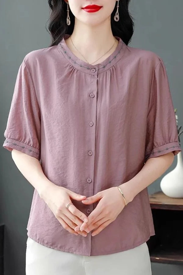 Embroidered Blouse Women Short Sleeve Summer Loose Slimming Top