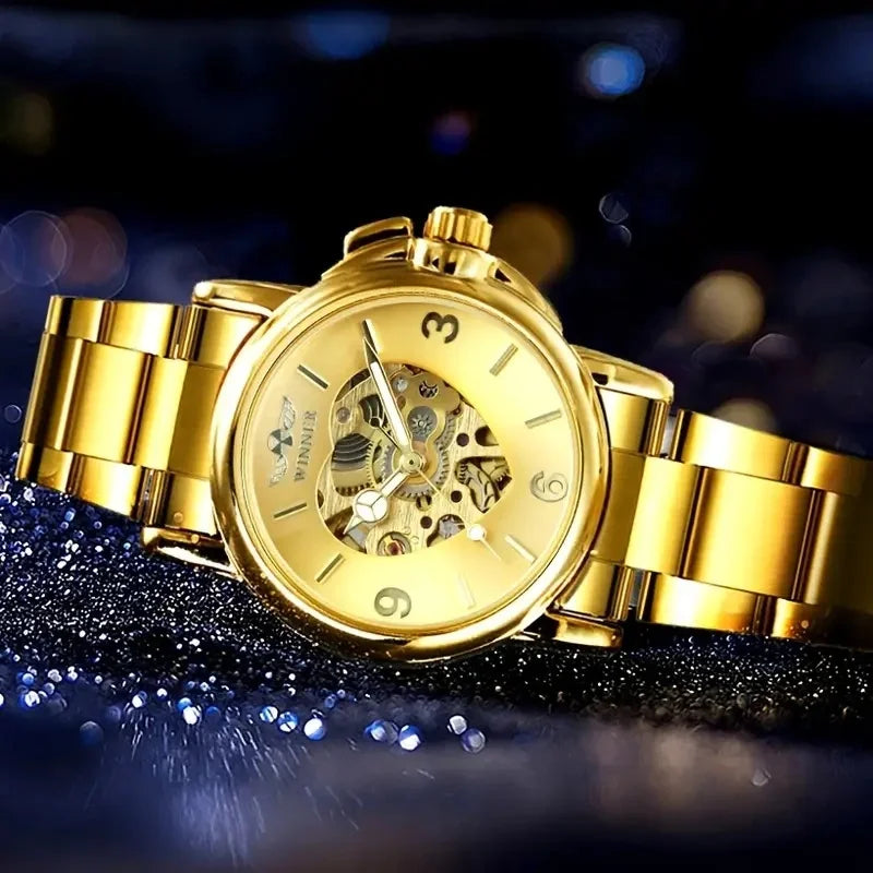 Women's Automatic Mechanical Watch - Luxurious Gold Skeleton Dial with Luminous Hands, Stainless Steel Strap, Non-High-Quality Everyday Watch Suitable for Formal and Casual Events - Ideal Gift for Women on Christmas, Birthday