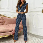 Pant Set Women Two Piece Sets Print Plaid Turn Down Collar Sleeveless Slim Fit Sexy Vest Tops Long Pants High Waist Splice