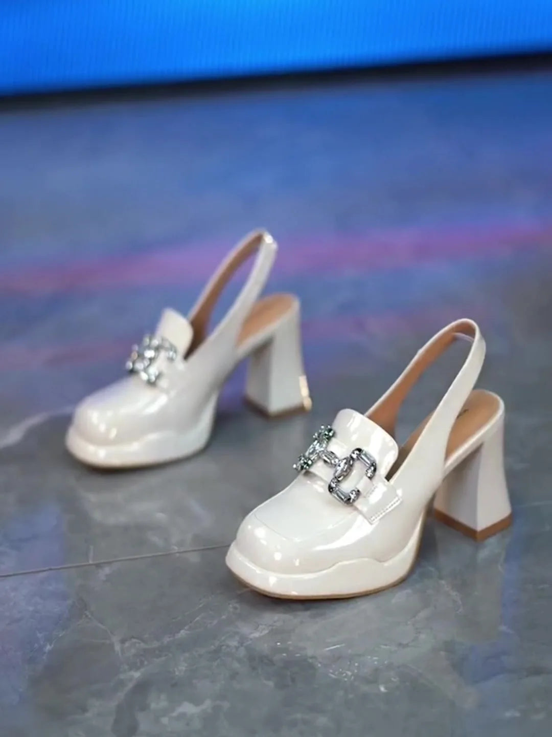 High Heels Pumps Female  Women Chunky Platform Summer Leather Shoes Woman Luxury Rhinestone Design Ankle Straps Party Shoe