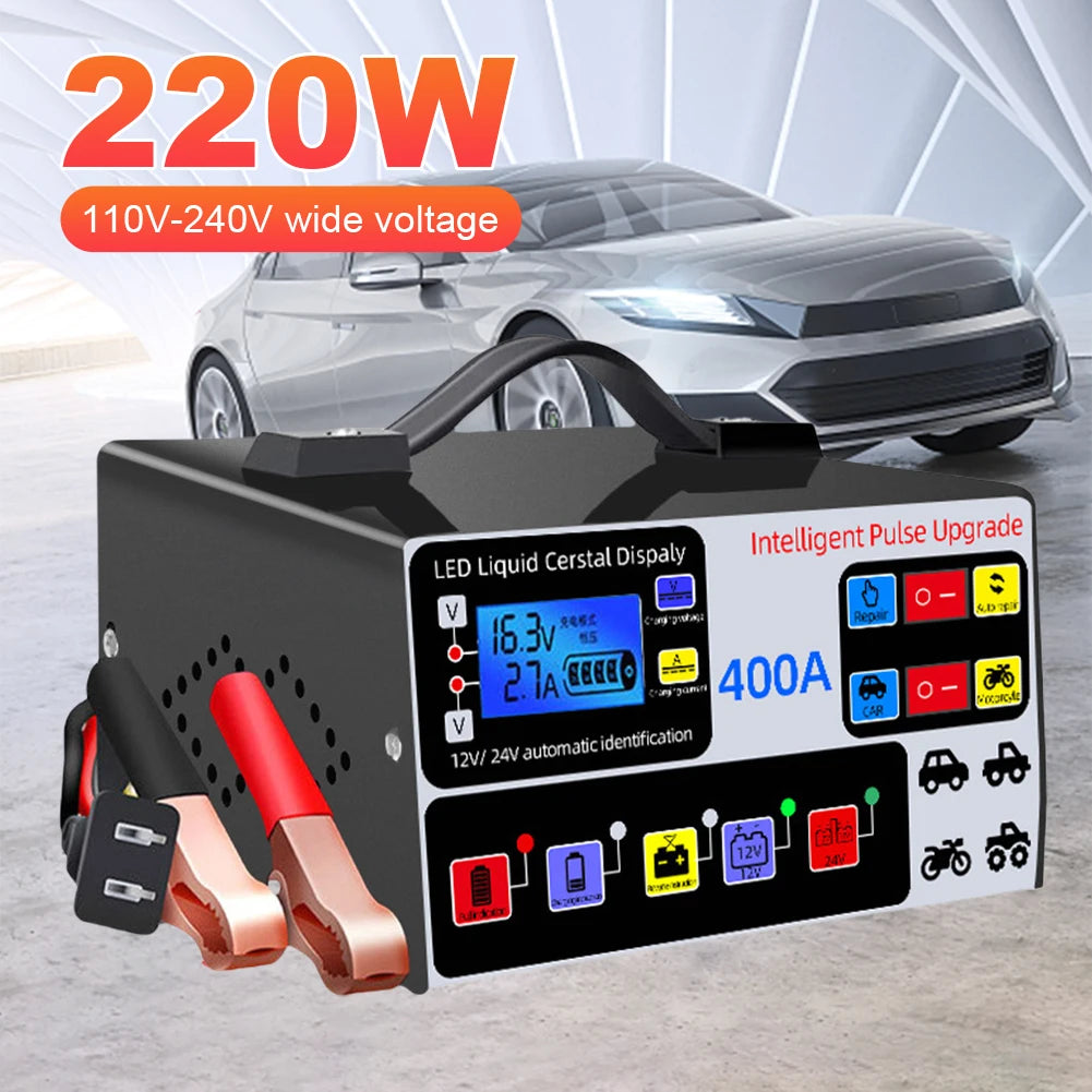400A Car Battery Charger 220W Heavy Duty Smart Battery Charger 12V/24V Battery High Power Fast Charger Self-Stop Battery Charger