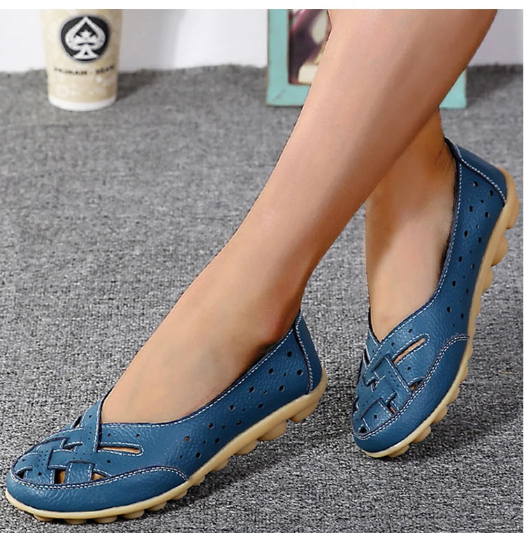 Women Flats Genuine Leather Fashion Soft Shoes Women Hollow Designer Shoes Slip On Ballet Flats Oxford Shoes Woman Plus Size