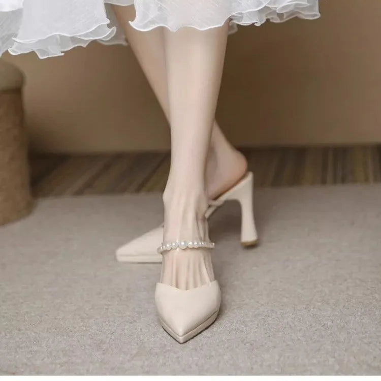 Women Slippers Female Shoes Pointed Toe Mules for Women 2024 Thin Heels Slippers Soft Beige Heeled Slides Fashion New Comfort