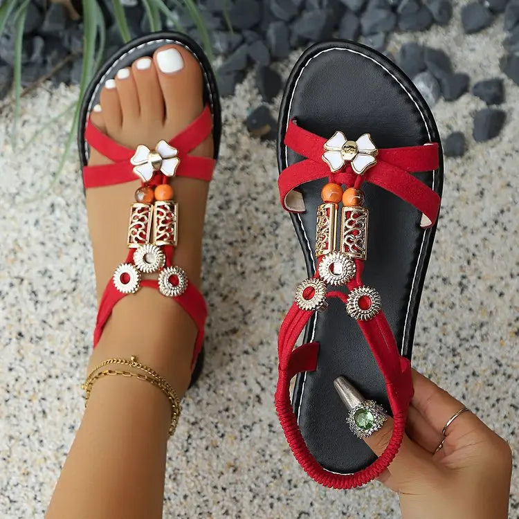 Flats Sandals for Women Summer 2025 Comfortable Non Slip Beach Shoes Woman Metal Beading Roman Sandalias Mujer