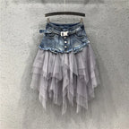 Women's Tulle Stitched High-waisted and Slim-fitting Retro Denim Skirt for Women Spring, Summer and Autumn