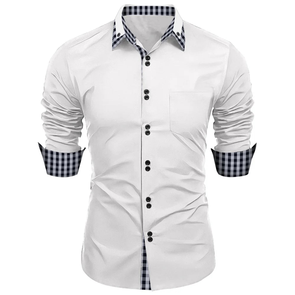 New men's shirt - traditional long-sleeved double-breasted plain-colored loose-fitting office shirt - men's business casual top