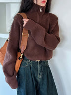 Autumn Winter  Zipper Sweaters Women Solid Color High Neck Knitted Pullover Solid Red Loose Turndown Collar Women's Turtleneck