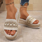 Women's Slippers  for Beach Heeled Sandals Bohemian Handmade Ladies Espadrillesm Ethnic Style Cotton Rope Platform Shoes