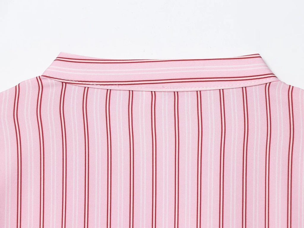 Women Striped Printed Lace-Up Shirt With Bow New Puff Long Sleeves V-Neck Hollow Out Blouses Sweet Ladies Fashion Tops