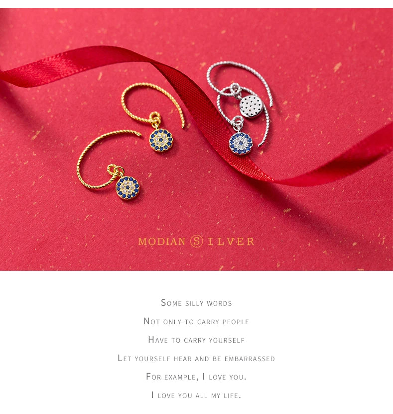 Modian New Blue Crystal Round Eyes Dangle Earrings for Women 925 Sterling Silver Gold Color Fashion Party Jewelry Gifts