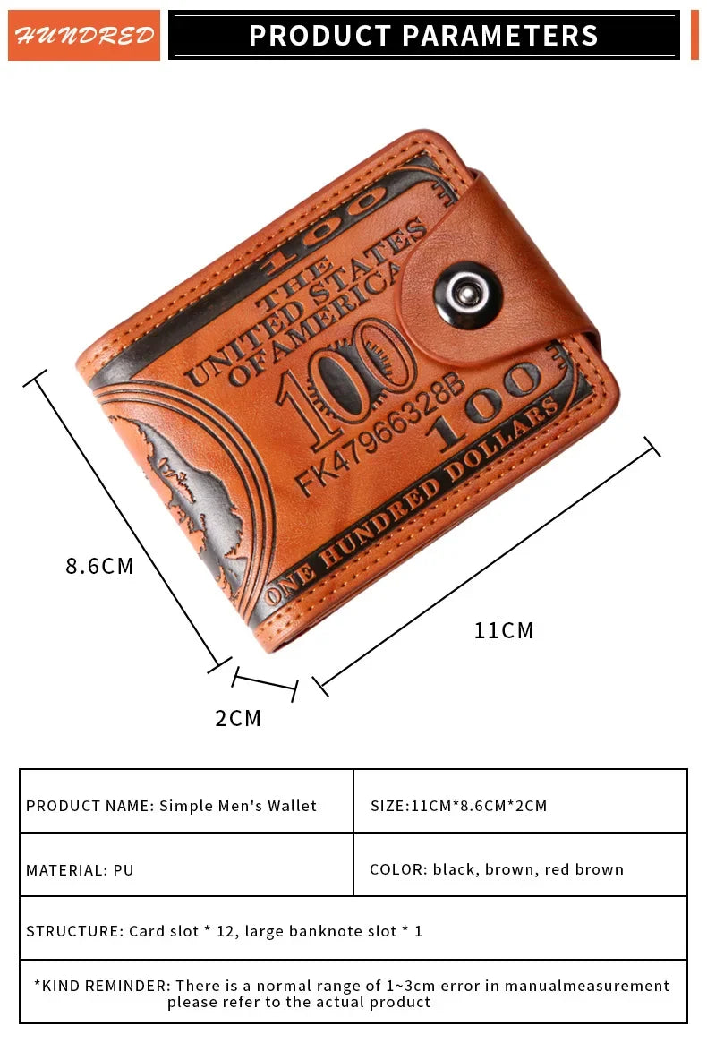Men's Wallets with 100 US Dollar Pattern Wallet Male Leather Wallet Photo Card Holder Fashion Large Capacity Wallet Purse Bag