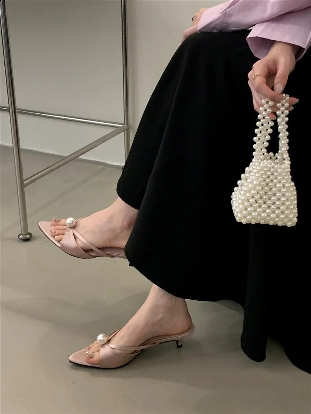 High Heels Slippers Women Bead Pointed Toe Sandals Shoes Summer 2025 Trend Sexy Open Toe Woman Brand Designer Sandalias Pumps