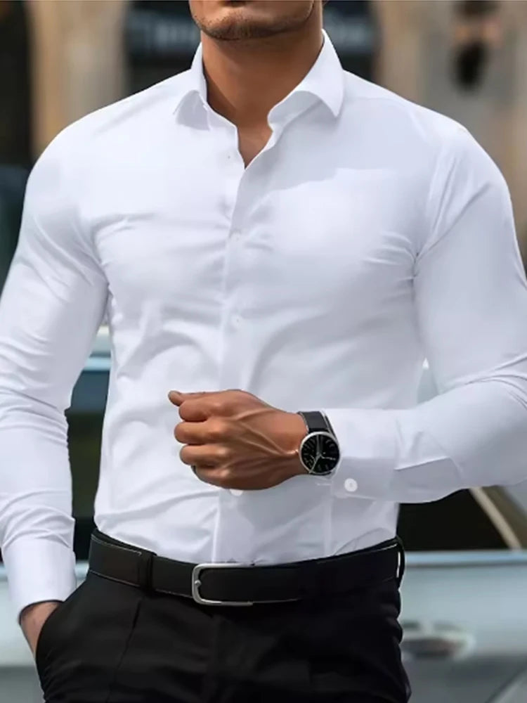 Men's formal shirt, summer long-sleeved, thin, business casual, breathable, no-iron, slimming, solid black color