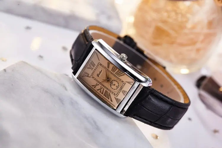 Fashion Couple Watch Luxury Rectangle Dial Women Quartz Watch Men Leather Band Casual Women Leather Wristwatch Relogio Masculino
