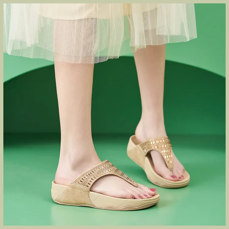 Women's Sandals Summer  Casual Non-Slip Suede  Diamond Soft Platform Wedge Flip Flop Walking Beach Slippers Shoes Woman