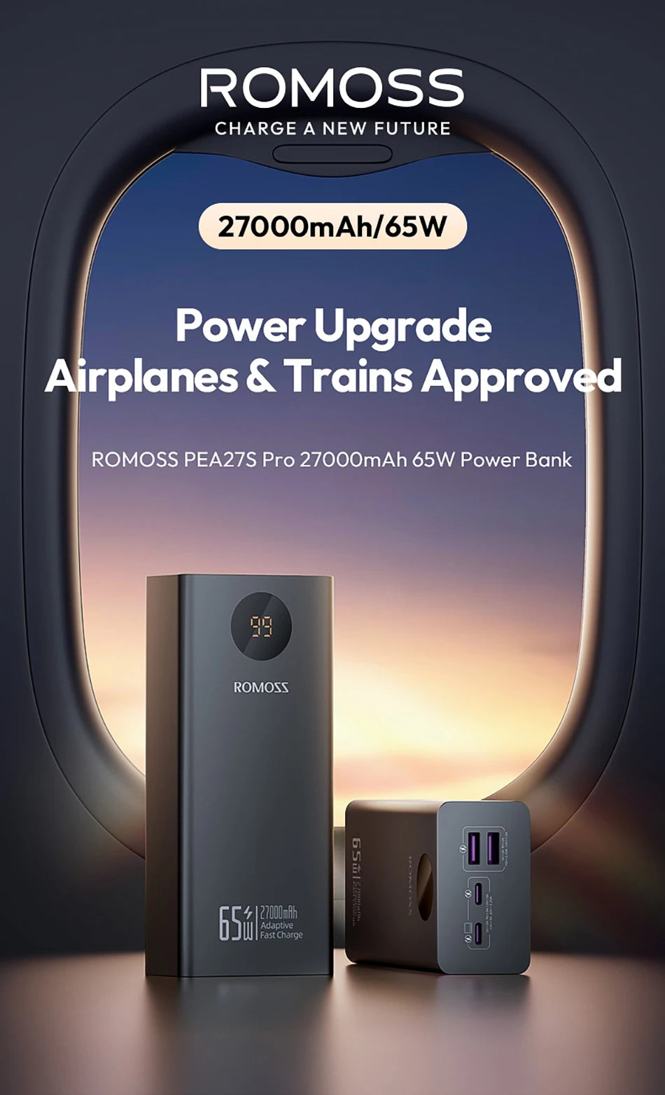Romoss Power Banks 27000mAh 65W Fast Charge Laptop Portable Charger Powerbank External Battery For iPhone 16 Xiaomi Huawei