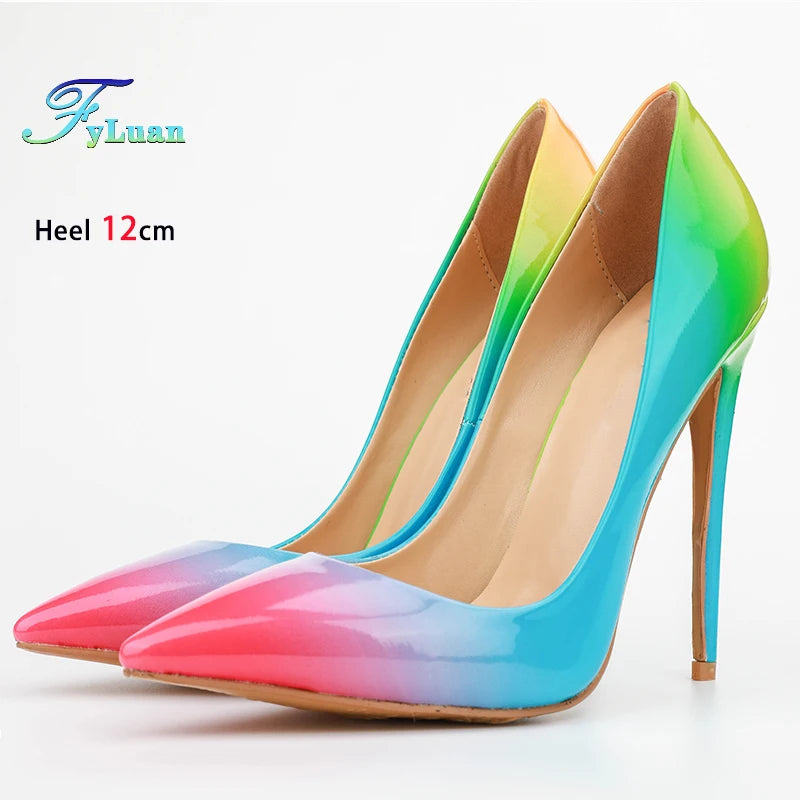 Brand Women High Heels 8-12CM Fashion Iridescent Pointed Toe Single Shoes Woman Thin Heel Summer Glossy Colorful Leather Pumps